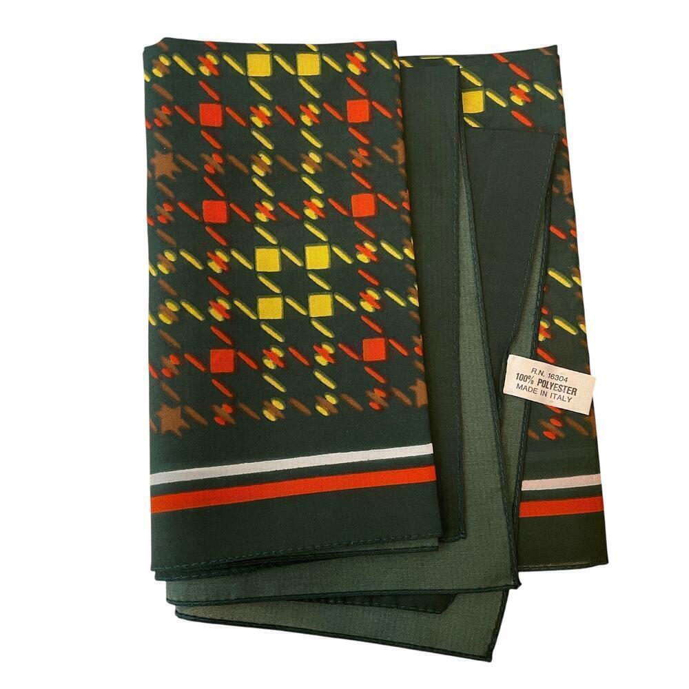 Vintage Italian Geometric Print Scarf | 1970s, Dark Green, Mod Print, 15x44"